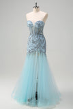 Sparkly Light Blue Mermaid Strapless Corset Long Beaded Prom Dress With Slit