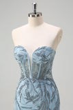 Sparkly Light Blue Mermaid Strapless Corset Long Beaded Prom Dress With Slit