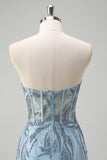 Sparkly Light Blue Mermaid Strapless Corset Long Beaded Prom Dress With Slit