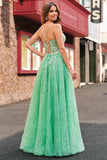 A Line Sparkly Light Green Spaghetti Straps Corset Tulle Prom Dress with Slit