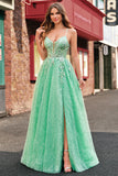 A Line Sparkly Light Green Spaghetti Straps Corset Tulle Prom Dress with Slit