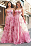 Floral A Line Strapless Corset Tiered Blush Prom Dress with Slit