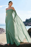 Light Green Cold Shoulder Detachable Sleeves Chiffon Bridesmaid Dress