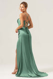 Sage Mermaid Spaghetti Straps Corset Satin Bridesmaid Dress with Slit