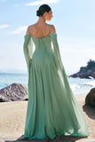 Light Green Cold Shoulder Detachable Sleeves Chiffon Bridesmaid Dress