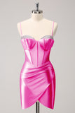 Sparkly Pink Spaghetti Straps Tight Homecoming Dress with Beading