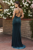 Black Mermaid Velvet Spaghetti Straps Long Holiday Dress with Slit