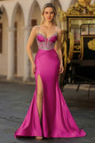 Dusty Blue Mermaid Beaded Corset Sequins Long Prom Dress with Slit