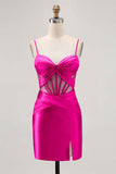 Royal Blue Sheer Corset Pleated Tight Short Prom Dress with Slit