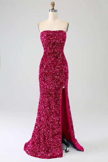 Red Strapless Sequins Long Mermaid Prom Dress With Slit