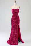 Red Strapless Sequins Long Mermaid Prom Dress With Slit