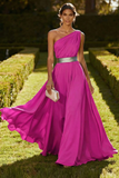 Dusty Blue One Shoulder A Line Chiffon Maxi Formal Dress