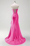 Sparkly Champagne Mermaid Strapless Ruffle Corset Satin Long Prom Dress with Slit