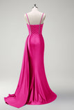 Sparkly Purple Mermaid Beaded Corset Ruched Satin Long Prom Dress with Slit