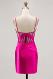 Royal Blue Sheer Corset Pleated Tight Short Prom Dress with Slit