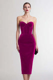 Burgundy Strapless Velvet Bodycon Midi Formal Dress