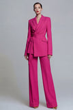 Fuchsia Notched Lapel 2-piece One Button Women's Work Suits with Belt