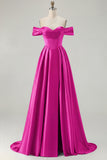 Blue A-Line Off The Shoulder Satin Long Bridesmaid Dress with Slit