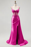 Champagne Mermaid Sheer Corset Beaded Side Streamer Long Prom Dress with Slit
