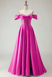 Off The Shoulder Purple A Line Beaded Long Satin Prom Dress with Slit