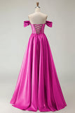 Off The Shoulder Purple A Line Beaded Long Satin Prom Dress with Slit