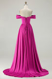 Blue A-Line Off The Shoulder Satin Long Bridesmaid Dress with Slit