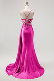 Champagne Mermaid Sheer Corset Beaded Side Streamer Long Prom Dress with Slit