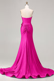 Royal Blue Strapless Mermaid 3D Flowers Beaded Long Prom Dress with Slit