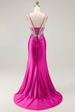 Blush Mermaid Corset Sequin Long Prom Dress with Ruffled Slit