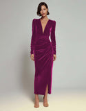 Velvet Sheath Olive V-Neck Ruched Choir Dress with slit