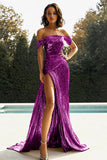 Gold Off The Shoulder Sheath Metallic Satin Prom Dress with Slit