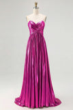 Sparkly Golden A Line Sweetheart Metallic Satin Pleated Long Prom Dress