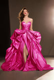 A Line Sweetheart Dark Red Ruffle Pageant Dress with Slit