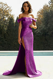 Gold Off The Shoulder Sheath Metallic Satin Prom Dress with Slit