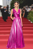 Sparkly Golden Metallic V-Neck A Line Pleated Gala Dress