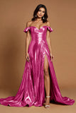 Golden Off The Shoulder A Line Prom Dress With Slit