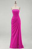 Light Pink Strapless Sheath Ruched Long Prom Dress with Slit