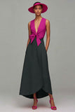 Orange And Fuchsia Colorblock V Neck A Line Formal Dress