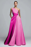 One Shoulder Pink Ruched A Line Formal Dress