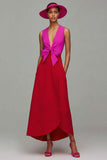 Orange And Fuchsia Colorblock V Neck A Line Formal Dress
