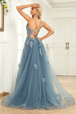 A Line Spaghetti Straps Blush Long Prom Dress with Appliques