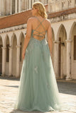 Green A Line Spaghetti Straps Long Plus Size Prom Dress with Criss Cross Back