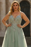 Green A Line Spaghetti Straps Long Plus Size Prom Dress with Criss Cross Back