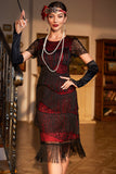 Black Red Beaded Gatsby Fringed Flapper Dress