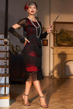 Black Red Beaded Gatsby Fringed Flapper Dress