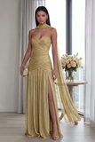 Dusty Sage Strapless A Line Pleated Long Formal Dress with Slit