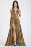 Sparkly Navy A-Line Spaghetti Straps Sequins Long Prom Dress with Slit