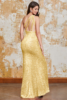 Gold Mermaid One Shoulder Sequins Long Prom Dress