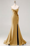 Royal Blue Strapless Mermaid 3D Flowers Beaded Long Prom Dress with Slit