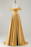 Blue A-Line Off The Shoulder Satin Long Bridesmaid Dress with Slit